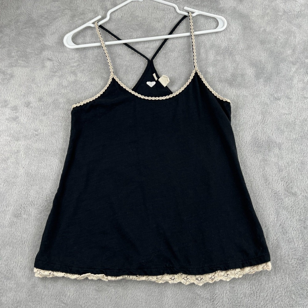 Roxy Crochet Trim Racerback Cami Tank M Black Boho Beach Surf Summer Top
